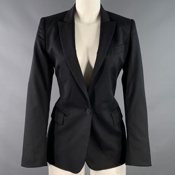 STELLA McCARTNEY Size 4 Black Wool Blend Peak Lapel Single Button Jacket Blazer - Picture 1 of 10